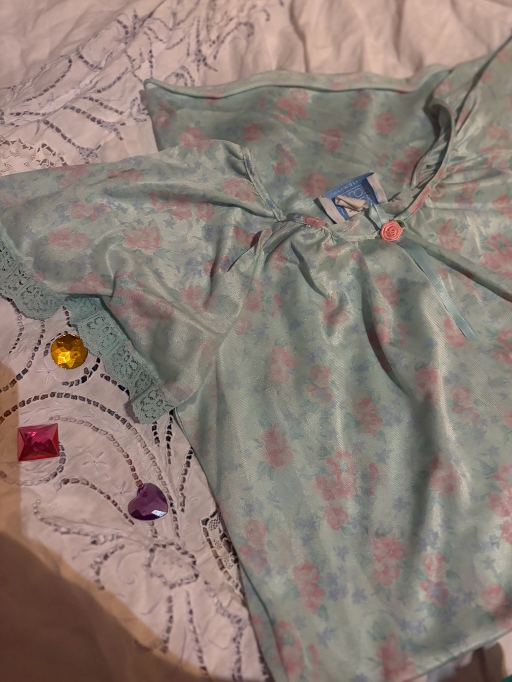 Vintage Ashley Taylor Floral Satin Nightgown Rosette Pastel Coquette